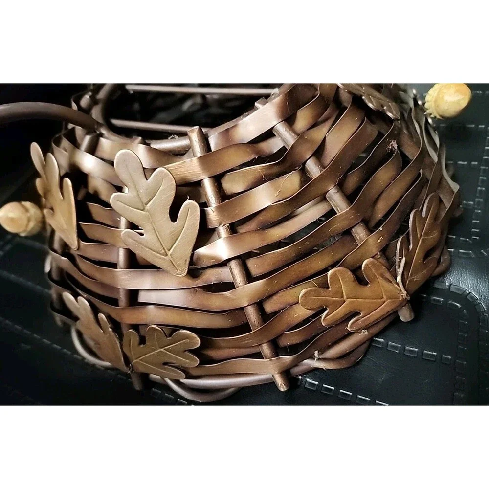 Large Heavy Woven Copper Footed Bowl Decor Basket Adorned With 3 Acorns 10”